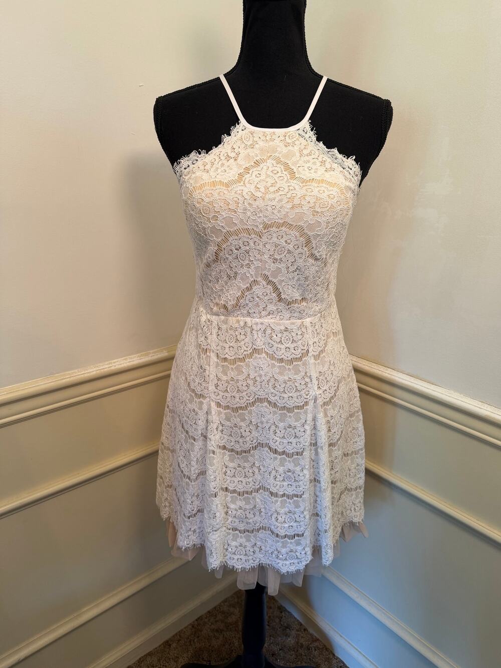 Francesca's White Lace Eyelet Halter Mini Dress Bachelorette Bridal Shower